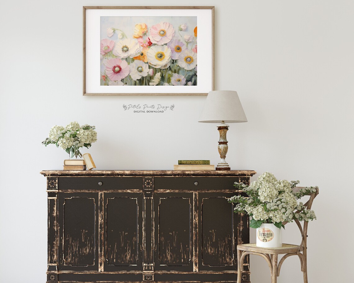 White Pink Orange Anemones Wide Horizontal Floral Painting Poster - Image 2