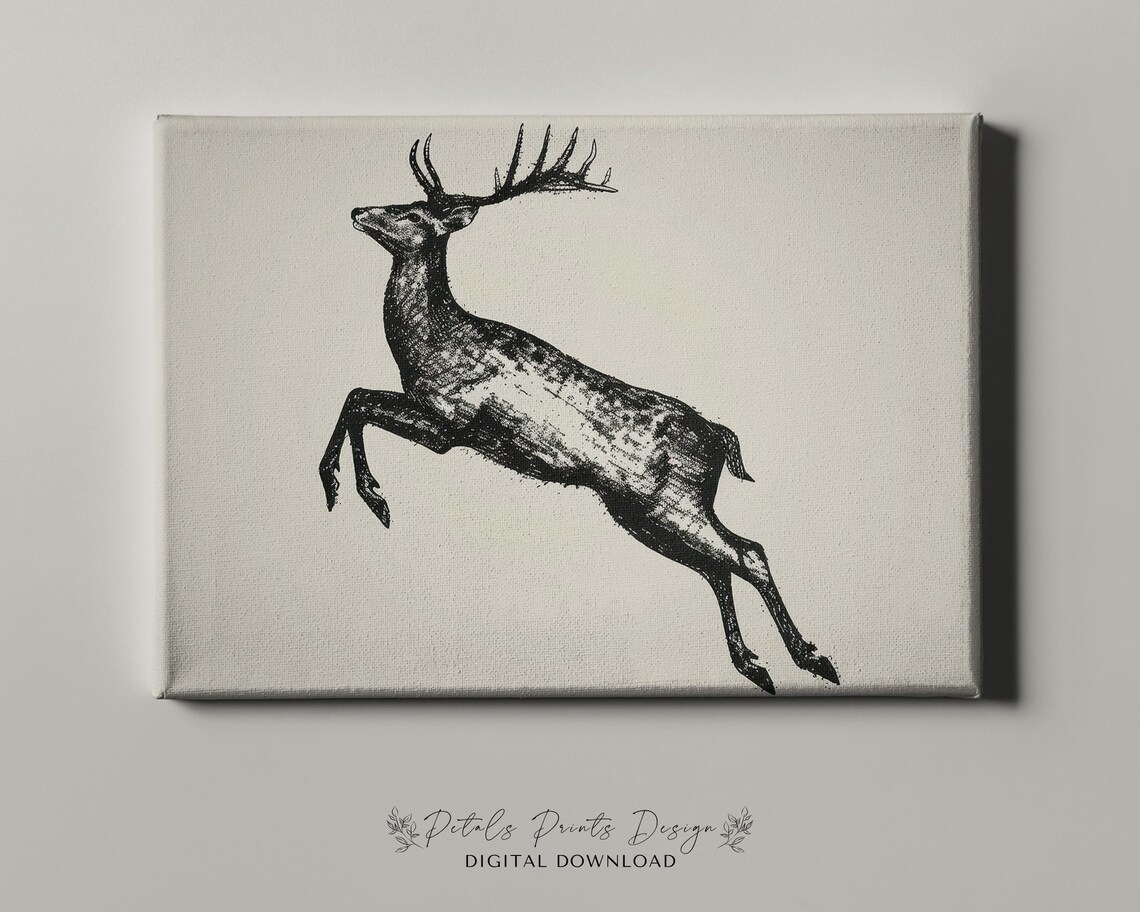 Leaping Stag Deer Ink Sketch Minimalist Wildlife Drawing Poster - Image 4