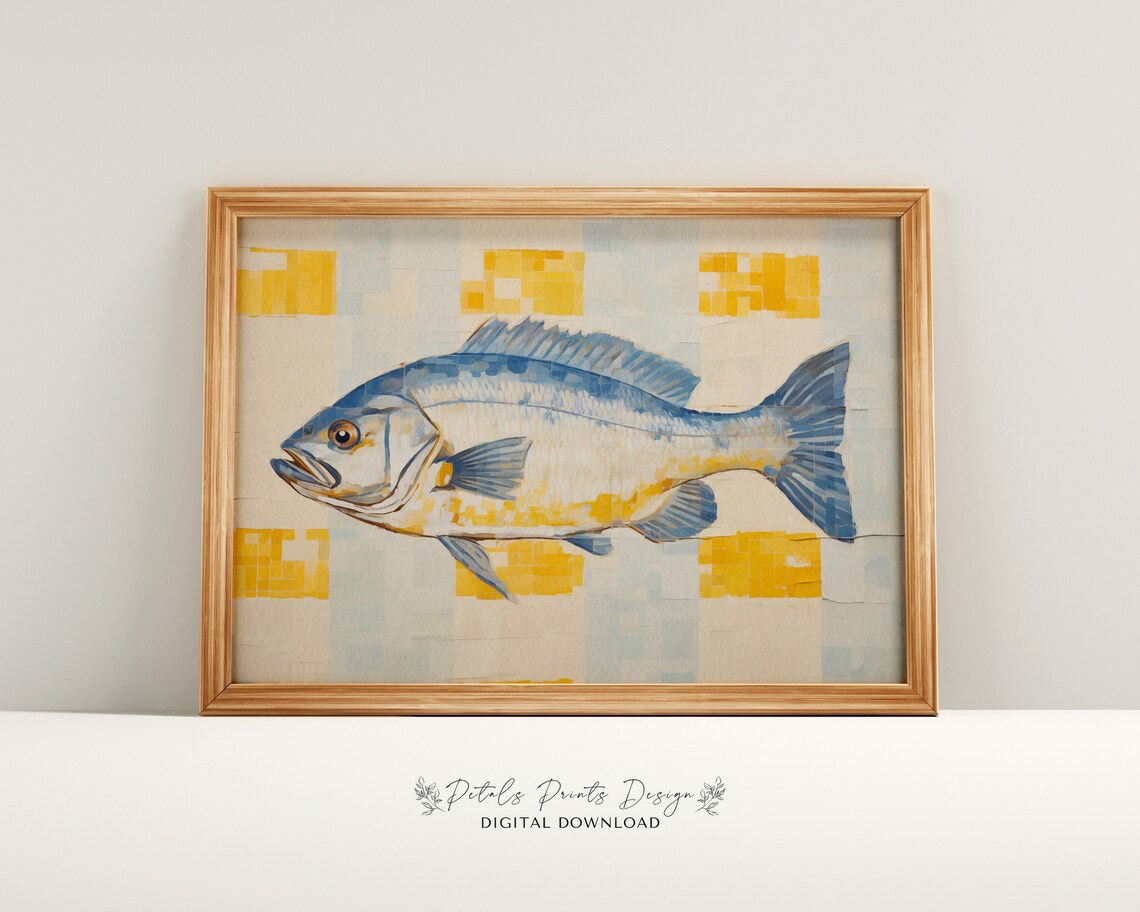 Blue and Yellow Mosaic Fish on Cream Modern Geometric Art Poster