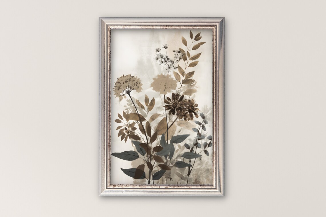 Vintage Botanical Print Neutral Tone Floral Painting