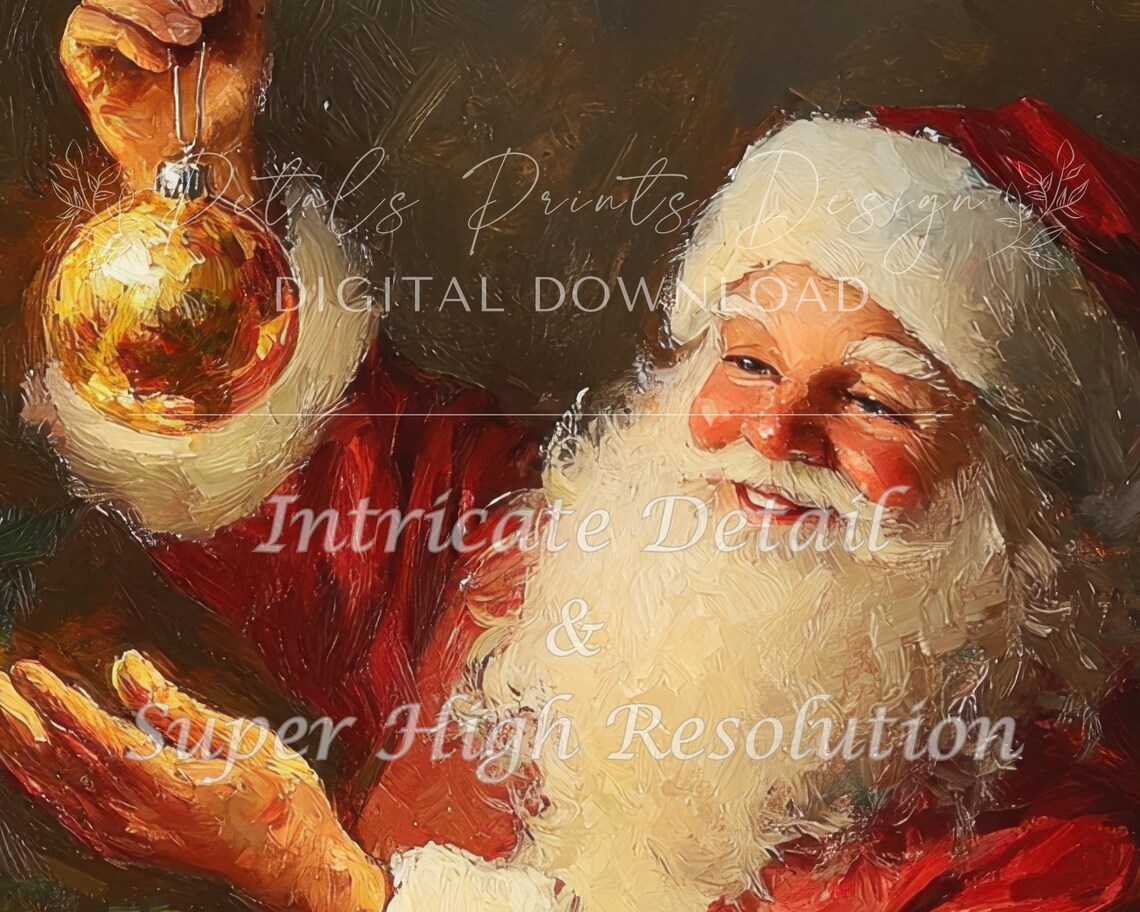 Santa Hanging Gold Ornament on Christmas Tree Oil Painting Poster - Image 3