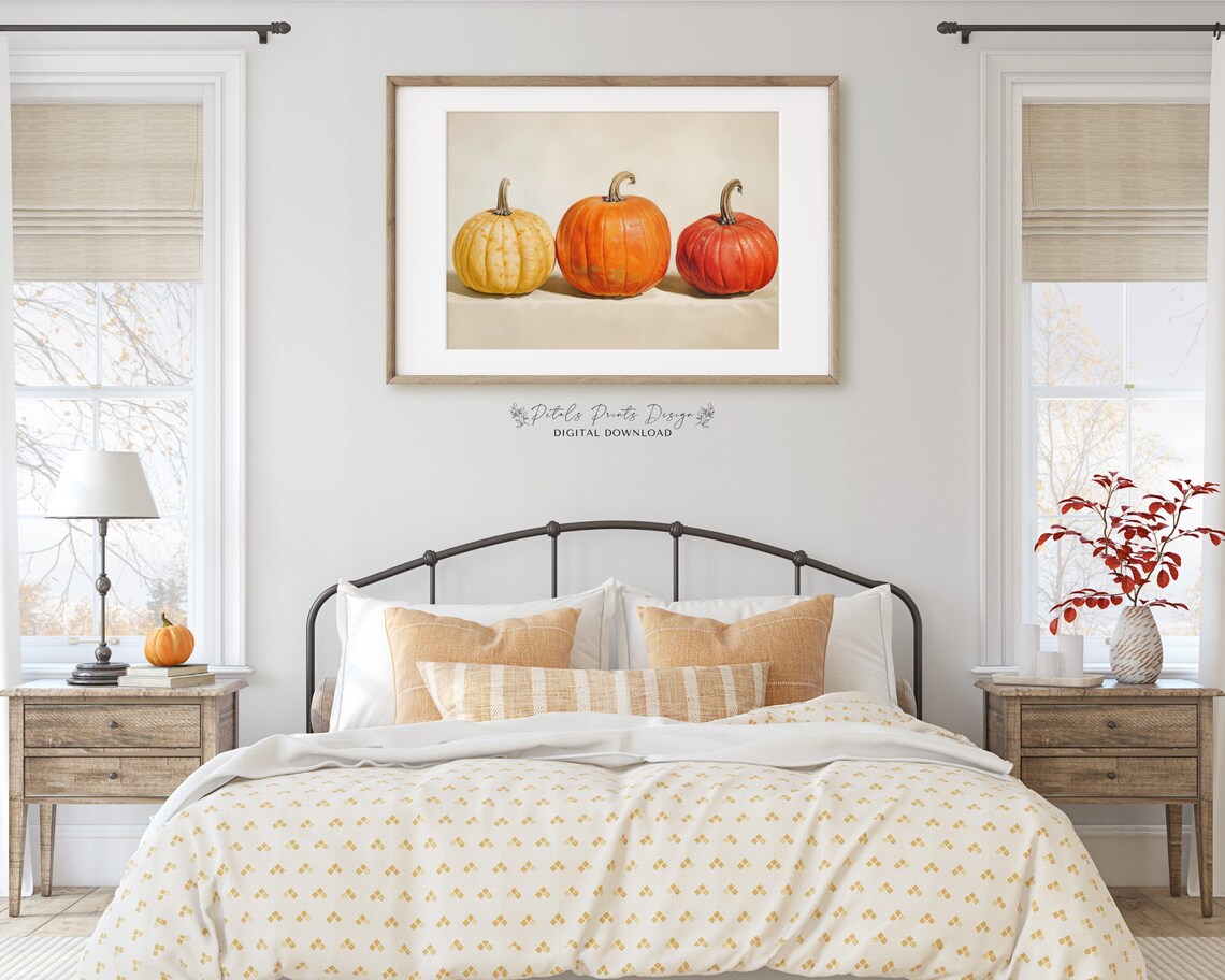 Three Pumpkins Still Life Autumn Harvest Thanksgiving Wall Art - Image 2
