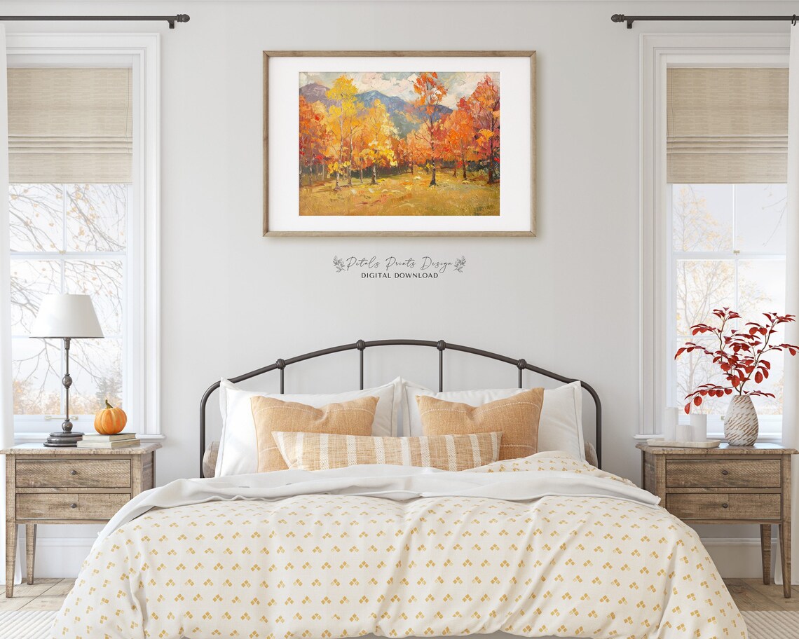 Vibrant Autumn Trees Blue Mountain Oil Painting Fall Landscape Art Print - Image 2