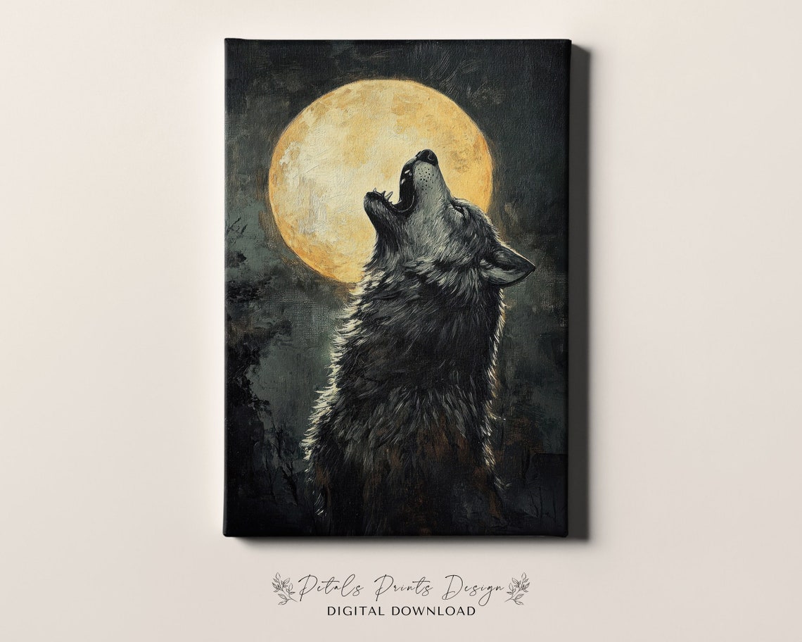 Howling Wolf Under Golden Full Moon Dark Night Painting Poster - Image 4