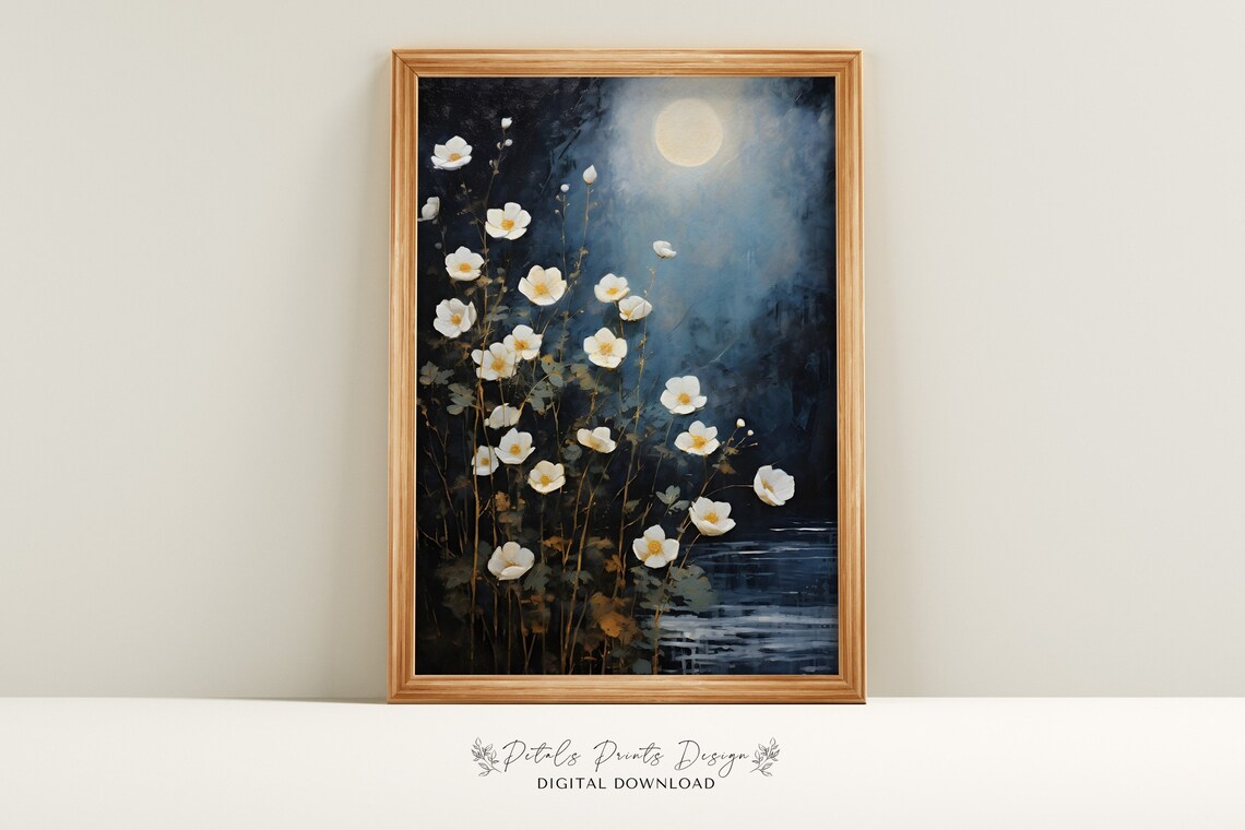 White Cosmos Flowers Under Full Moon Night Garden Scene Poster