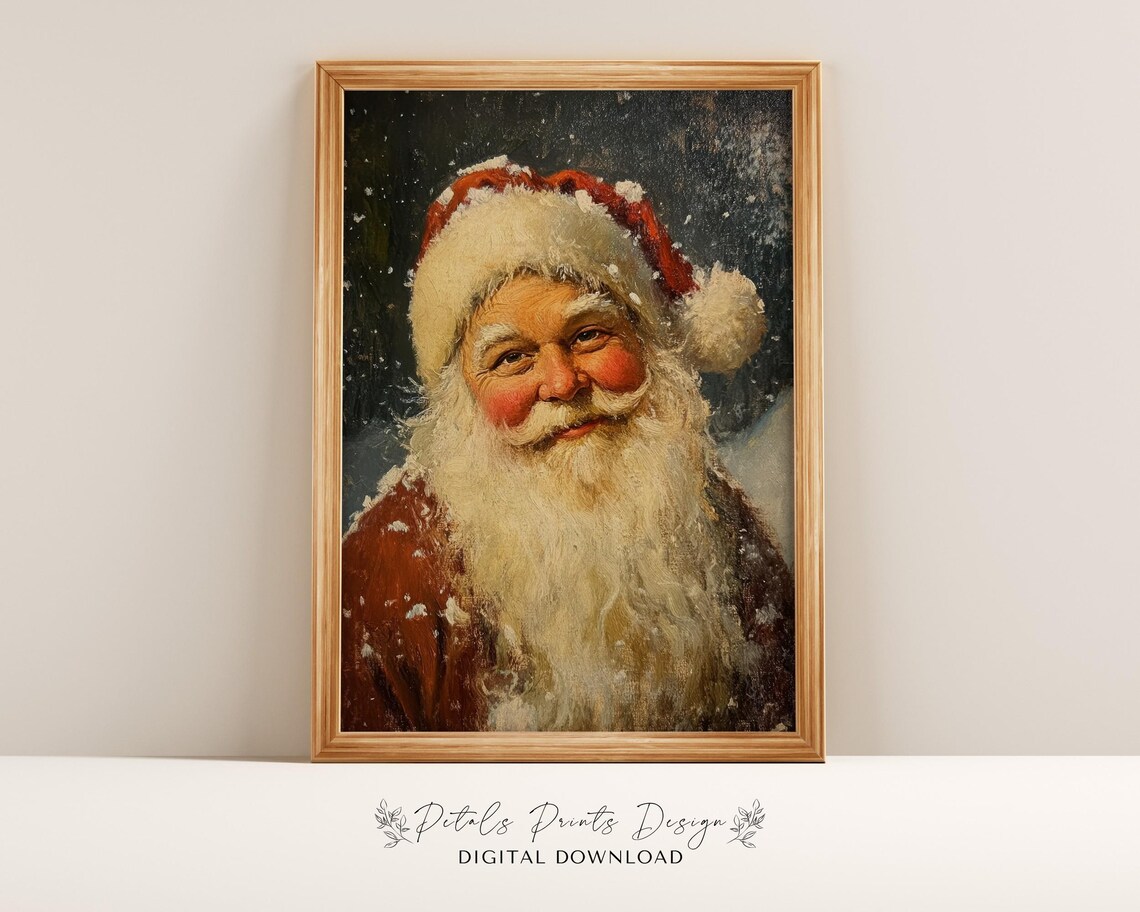 Smiling Santa Claus Portrait in Snow Vintage Christmas Painting Poster
