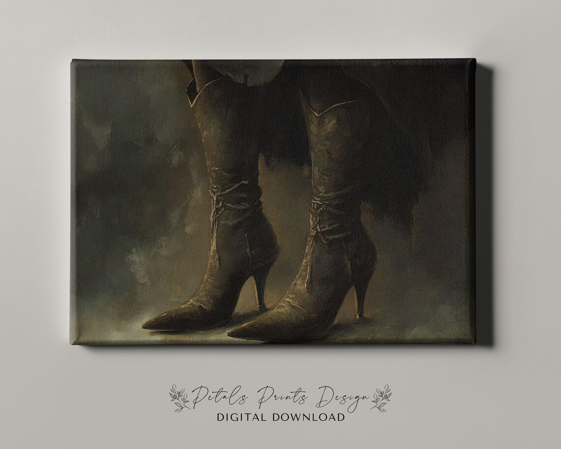 Witch Boots Still Life with Dark Gothic Tones Vintage Halloween Art Poster - Image 4