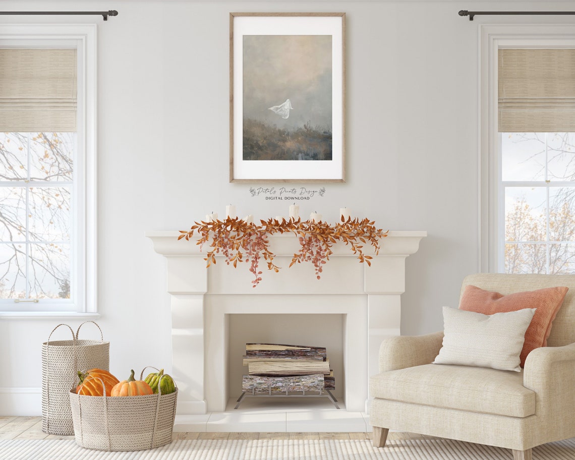 Minimalist Floating Ghost Foggy Field Neutral Halloween Art Print - Image 2