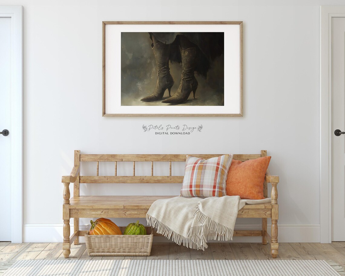 Witch Boots Still Life with Dark Gothic Tones Vintage Halloween Art Poster - Image 3