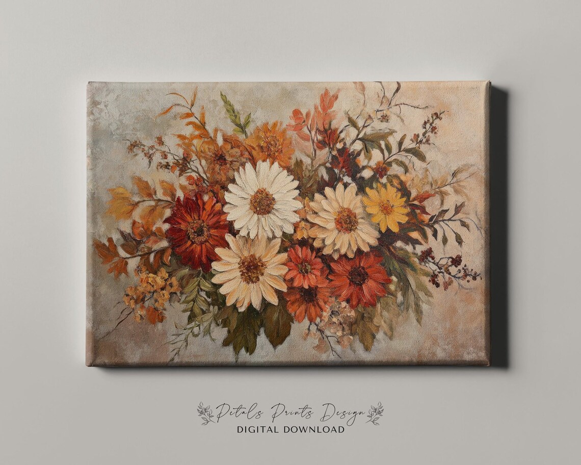Autumn Floral Bouquet Vintage Oil Painting Fall Daisy Wall Art - Image 4