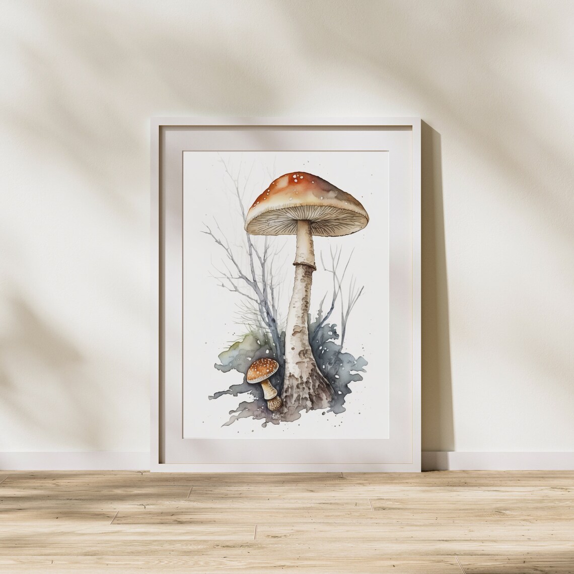 Watercolor Mushroom Botanical Art Print With Twigs