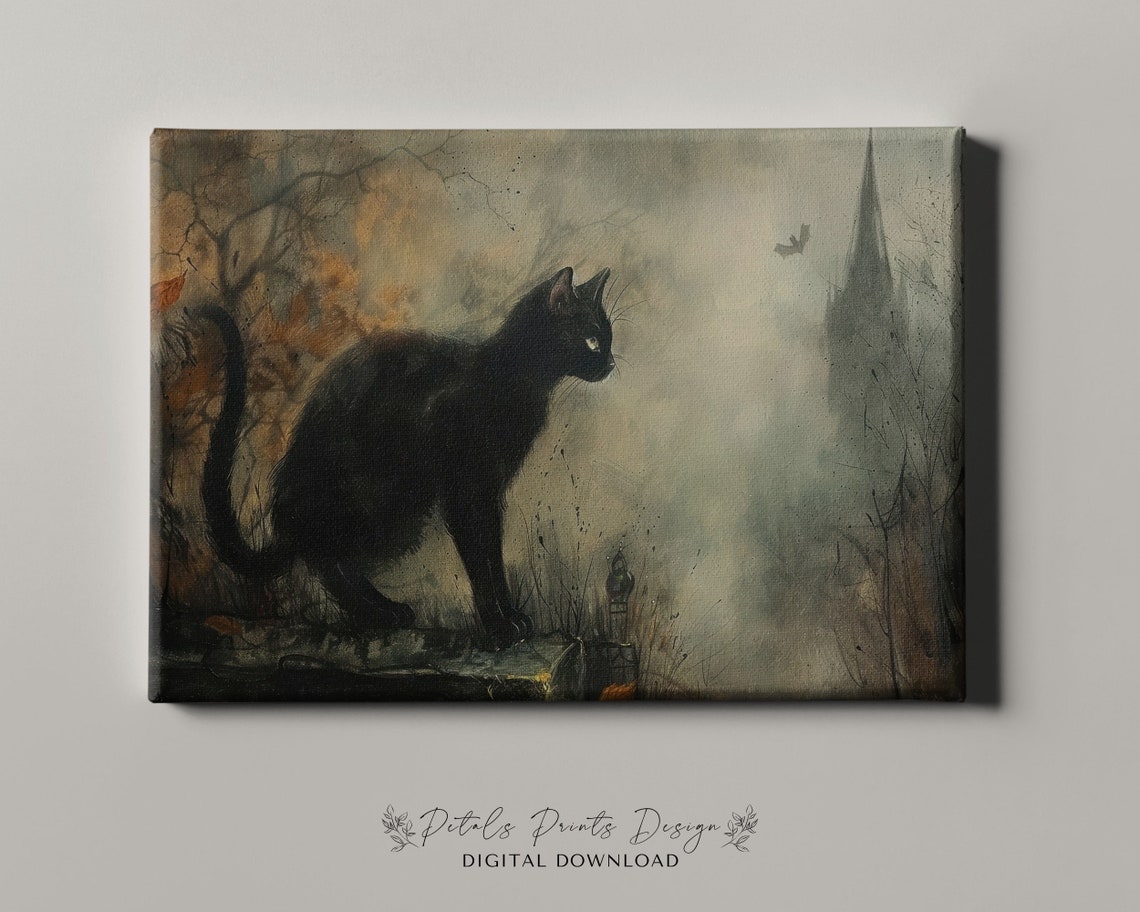 Black Cat In Foggy Graveyard Halloween Night Painting Poster - Image 4