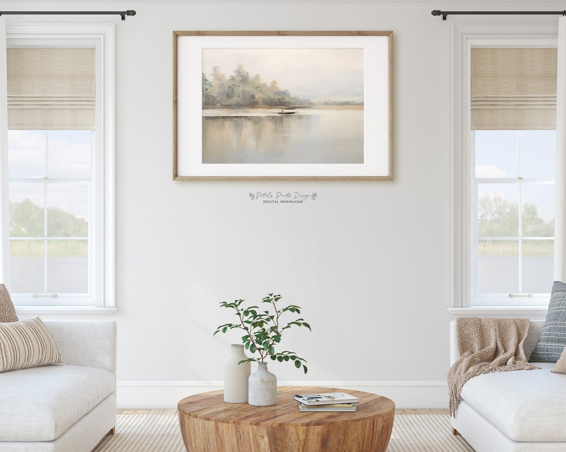 Misty Lake Lone Rowboat Soft Gray Minimalist Water Scene Poster - Image 2