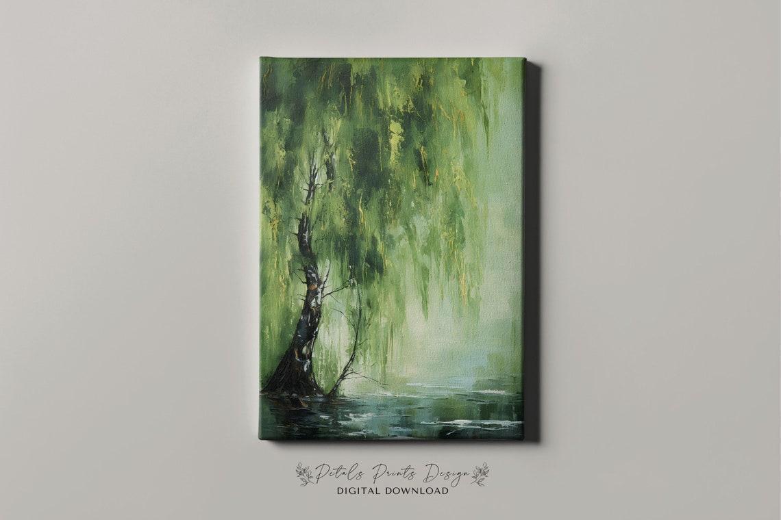 Weeping Willow Tree Over Water Green Impressionist Nature Poster - Image 4