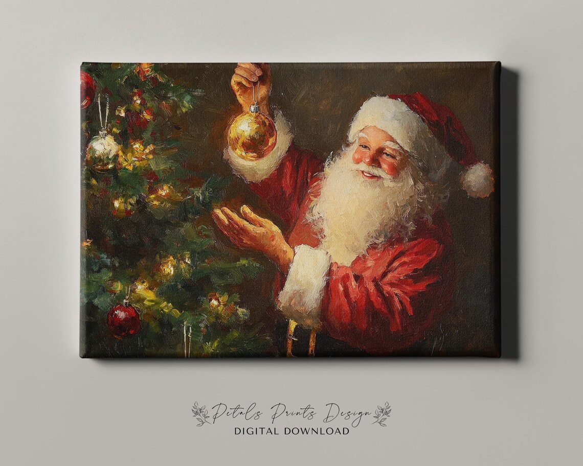 Santa Hanging Gold Ornament on Christmas Tree Oil Painting Poster - Image 4
