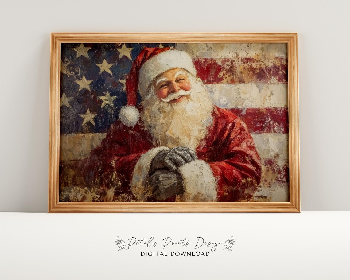 Patriot Santa Christmas Art Print, Rustic Vintage Holiday