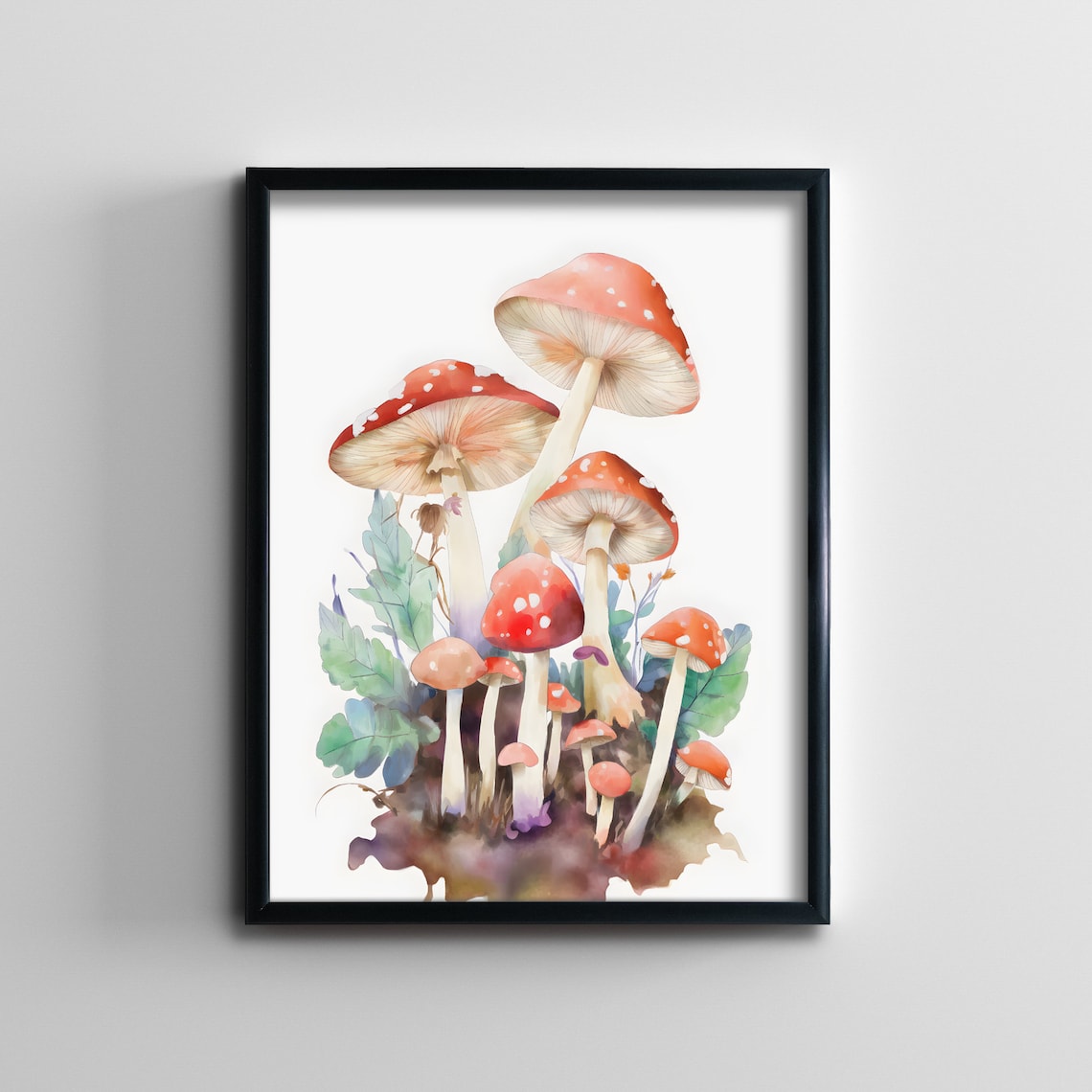 Red Fly Agaric Mushroom Cluster Watercolor Botanical Illustration Art Poster