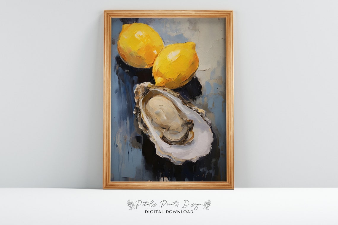 Oyster Two Lemons Still Life Dark Navy Background Art Poster