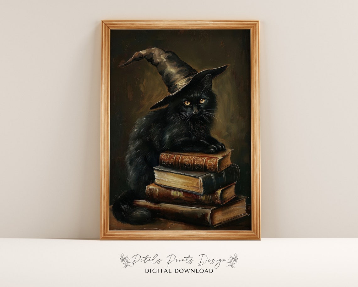 Sleepy Black Cat In Witch Hat Lying On Old Books Halloween Poster