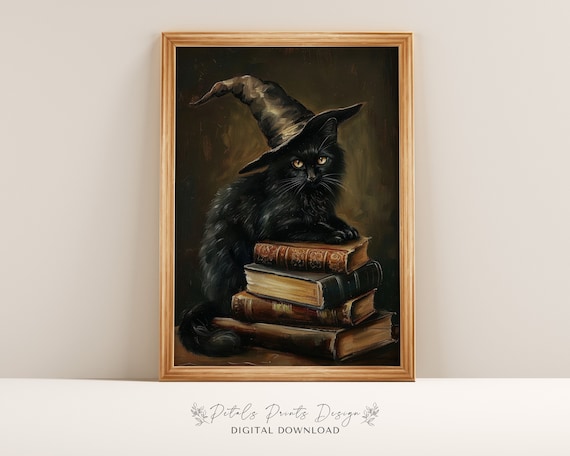 Sleepy Black Cat In Witch Hat Lying On Old Books Halloween Poster