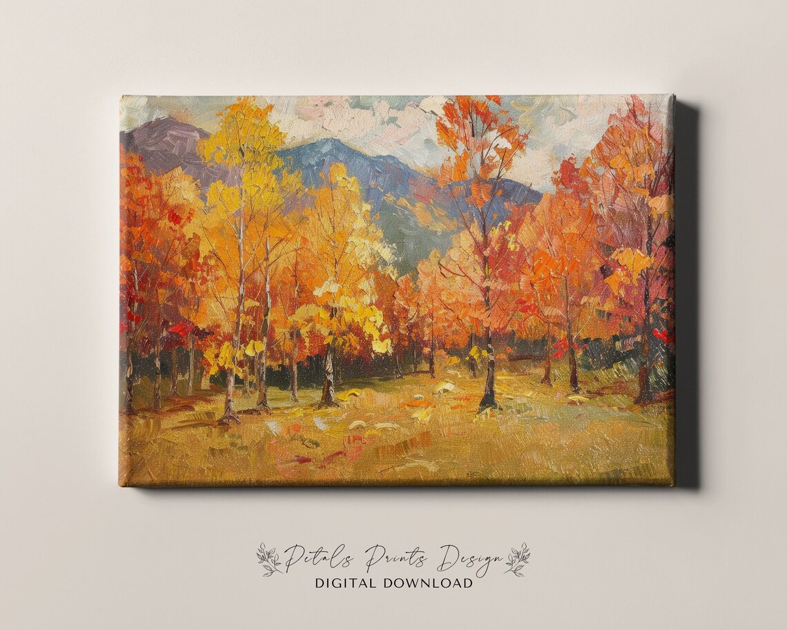 Vibrant Autumn Trees Blue Mountain Oil Painting Fall Landscape Art Print - Image 4