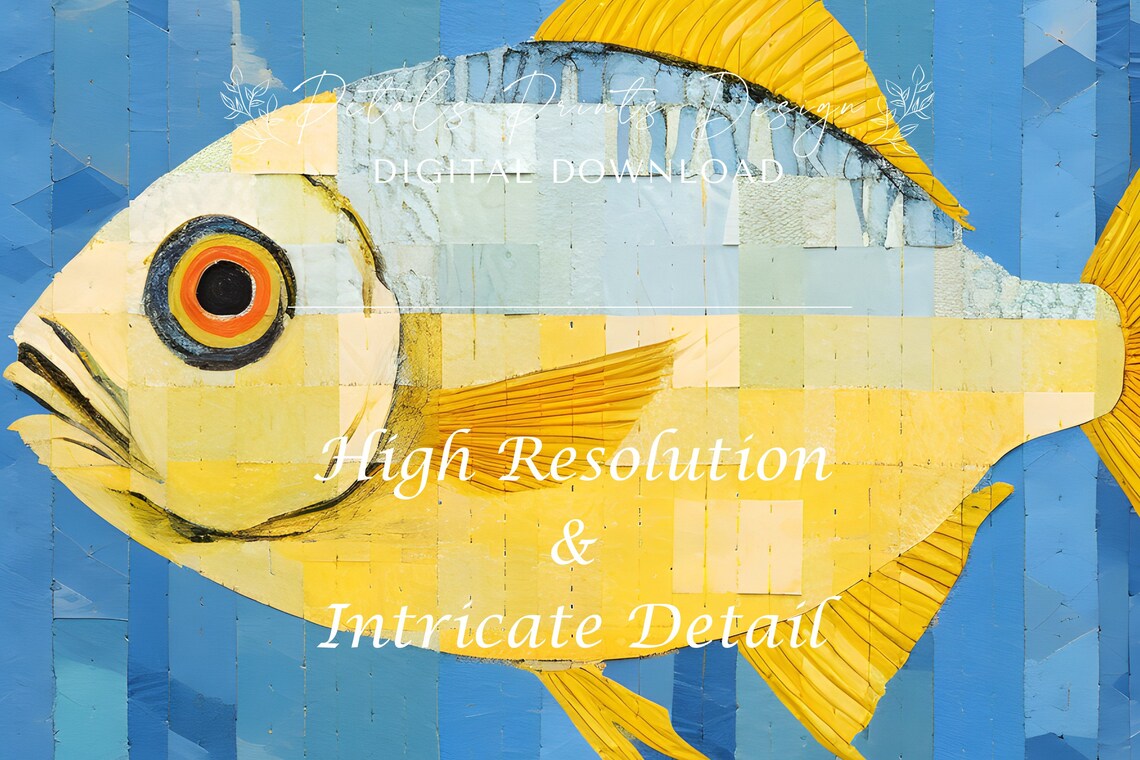 Portrait Yellow Blue Mosaic Fish Striped Tile Ocean Art Poster - Image 3