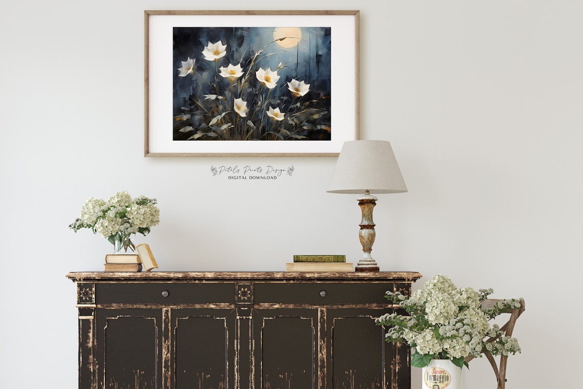 White Flowers Blooming at Night Under a Glowing Full Moon Poster - Image 2