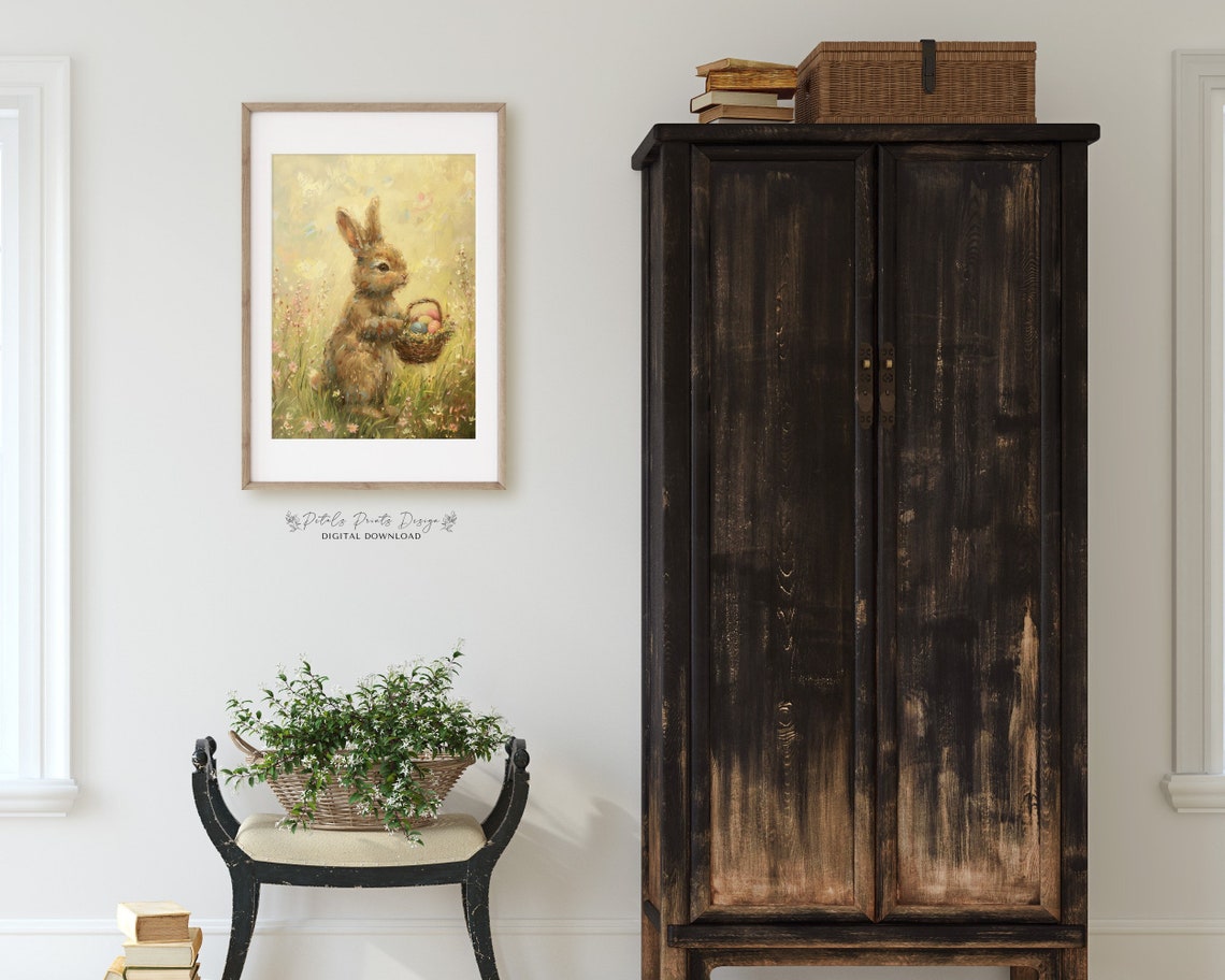 Brown Bunny with Easter Egg Basket Sunny Wildflower Meadow Poster - Image 2