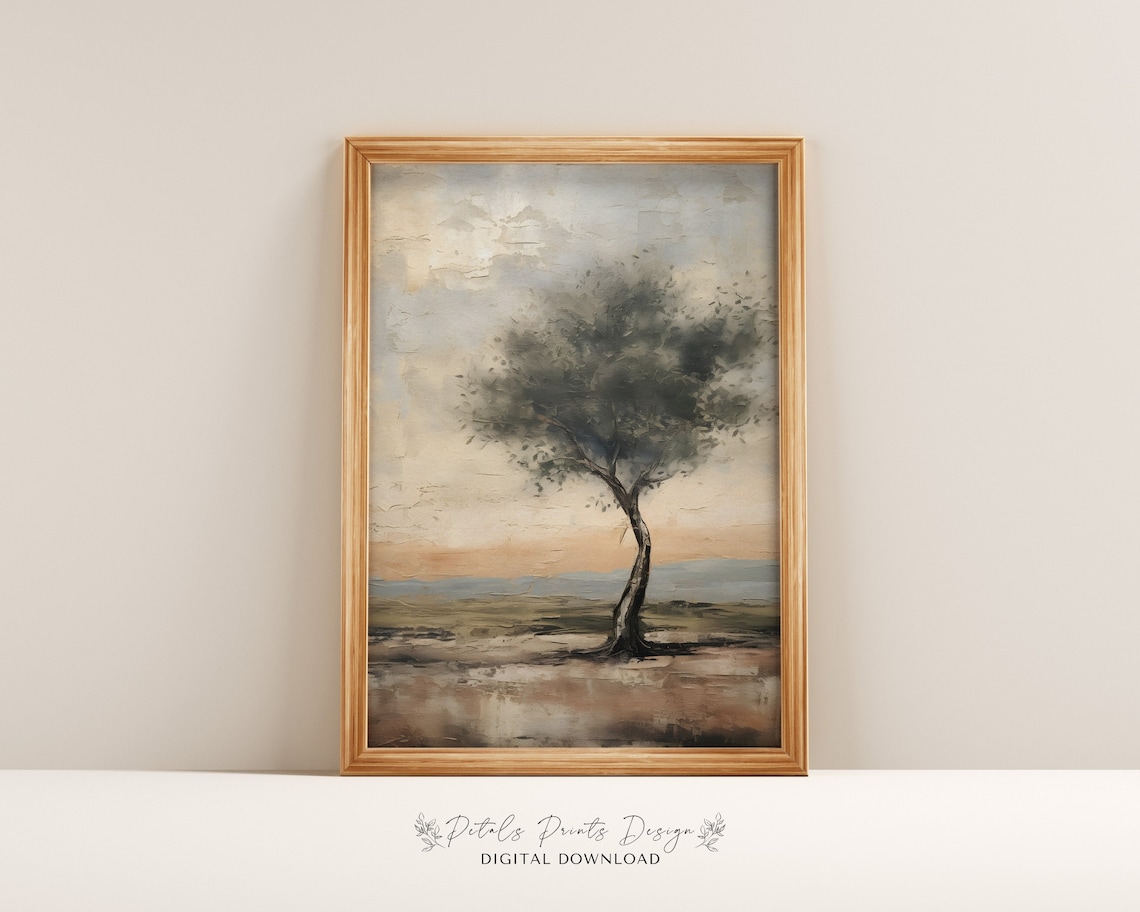 Lone Tree Neutral Landscape Vintage Farmhouse Style Muted Art Print