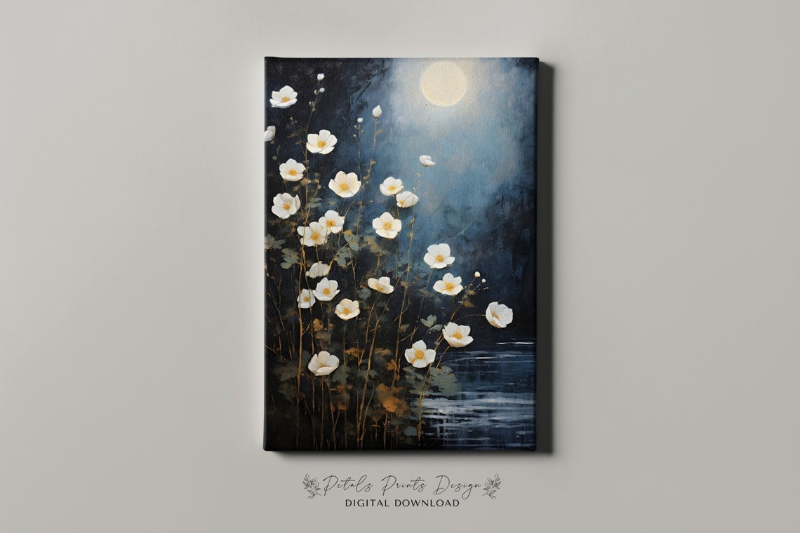 White Cosmos Flowers Under Full Moon Night Garden Scene Poster - Image 4
