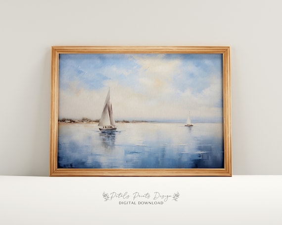 Sailboats on Calm Water Under Soft Blue Sky Serene Seascape Poster