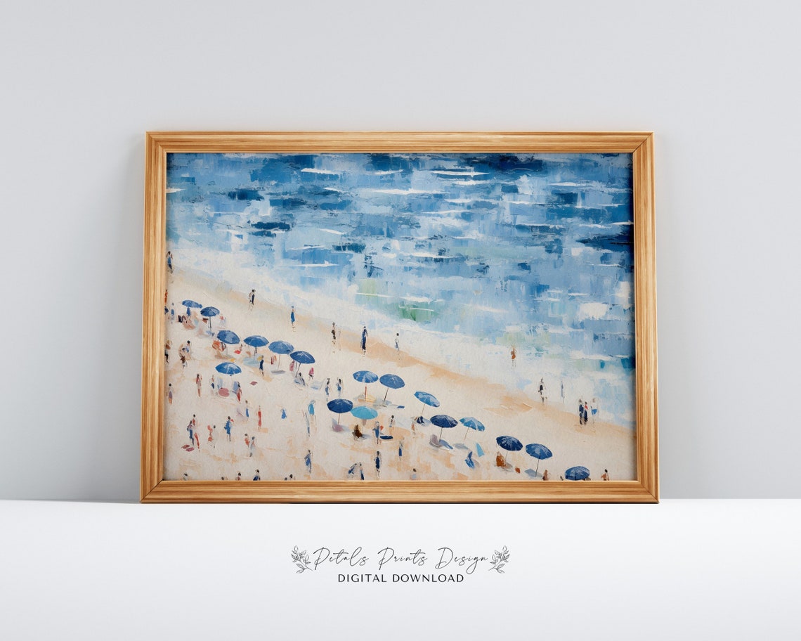 Aerial Beach Blue Umbrellas Sandy Shore Summer People Art Poster