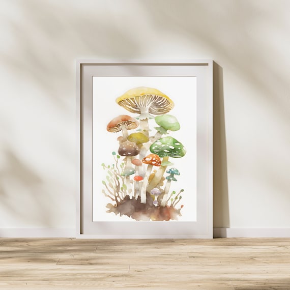 Watercolor Mushroom Cluster Colorful Toadstools Forest Whimsical Wall Art