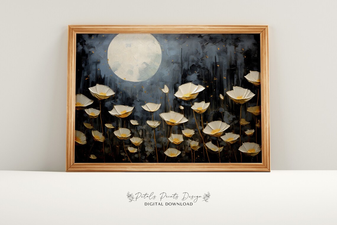 White Poppies Under a Full Moon Dark Night Floral Scene Poster