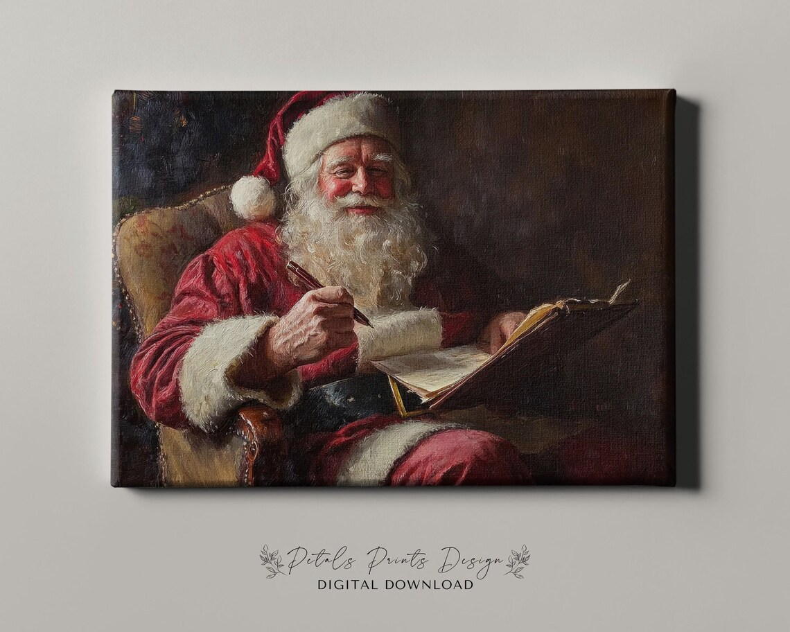 Vintage Santa Claus Reading Letters Cozy Christmas Painting Poster - Image 4
