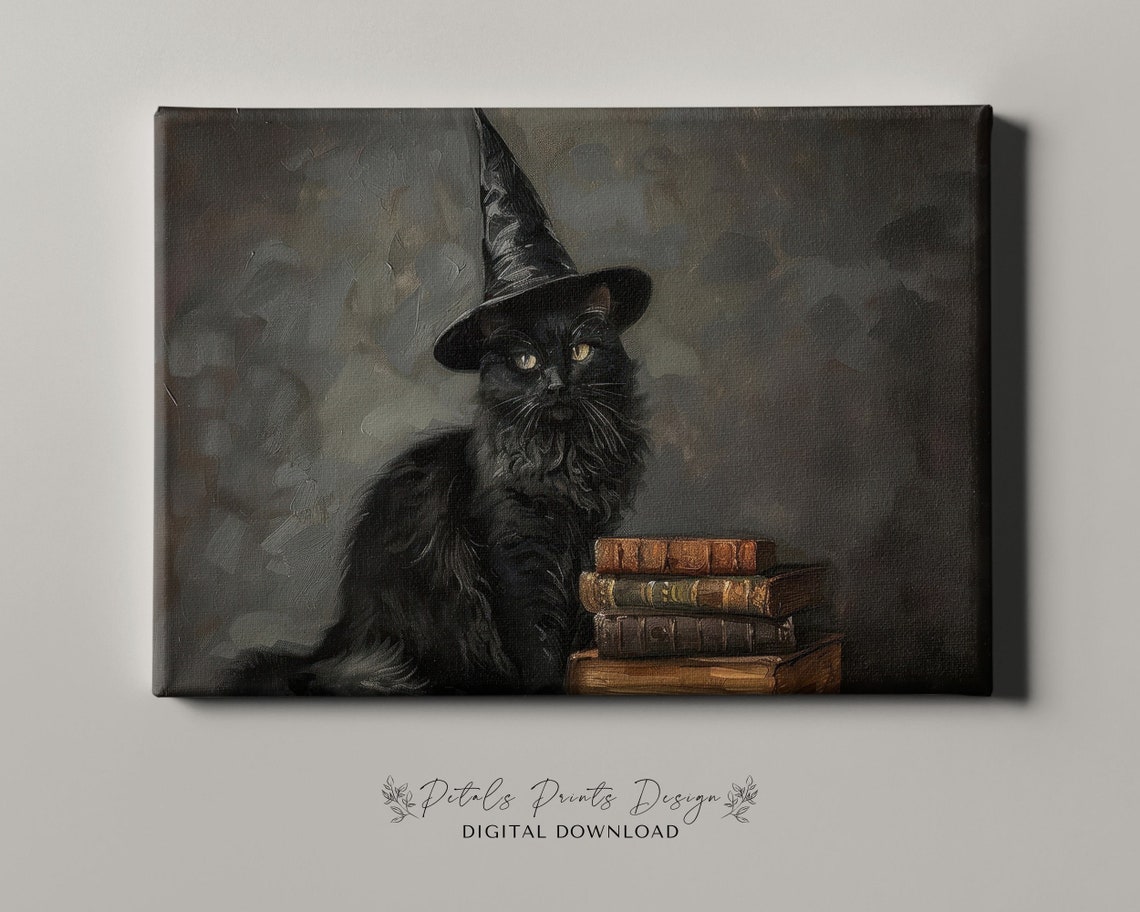 Black Cat Wearing Witch Hat Beside Old Books Halloween Poster - Image 4
