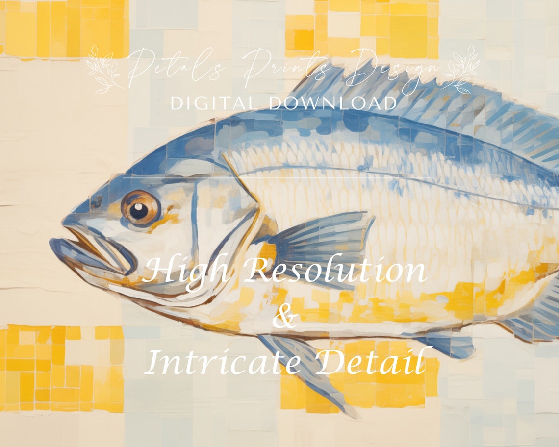 Blue and Yellow Mosaic Fish on Cream Modern Geometric Art Poster - Image 3