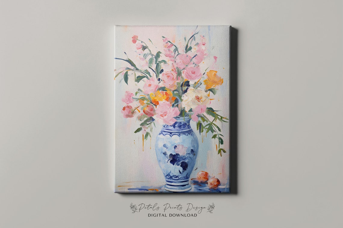 Pink Peonies in Blue White Chinoiserie Vase Floral Still Life Poster - Image 4