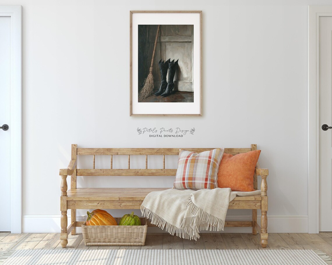 Witch Boots and Broomstick by Doorway Vintage Halloween Still Life Poster - Image 3