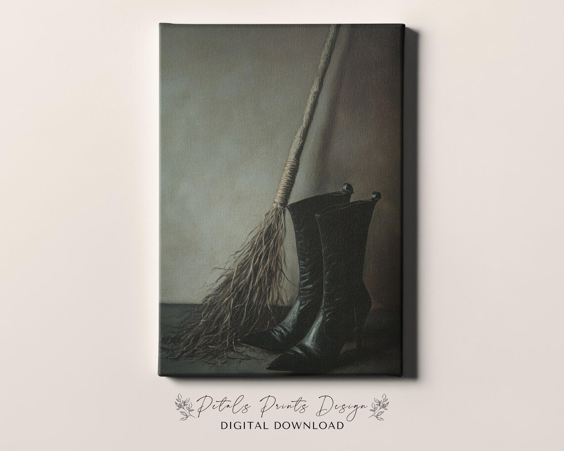 Witch Boots and Broomstick Still Life Vintage Halloween Painting Poster - Image 4