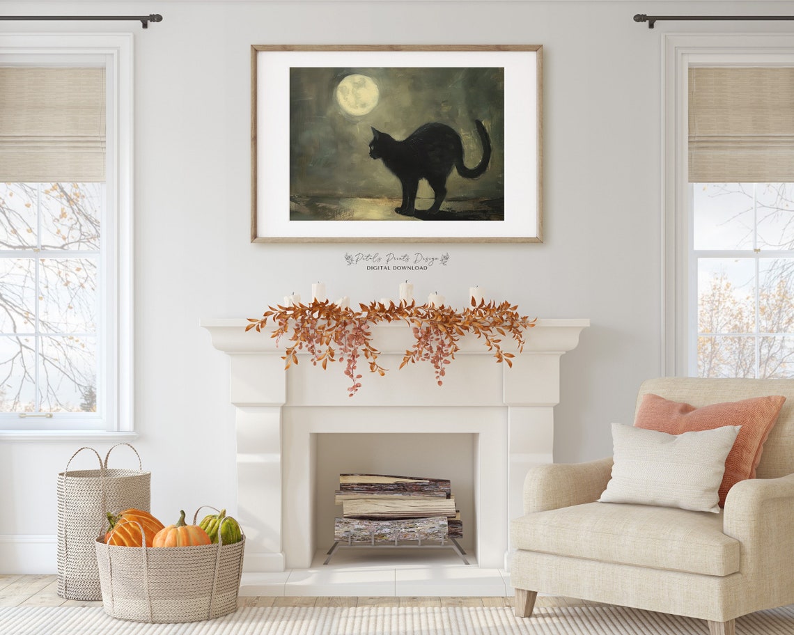 Black Cat Silhouette Under Full Moon Spooky Night Painting Poster - Image 3