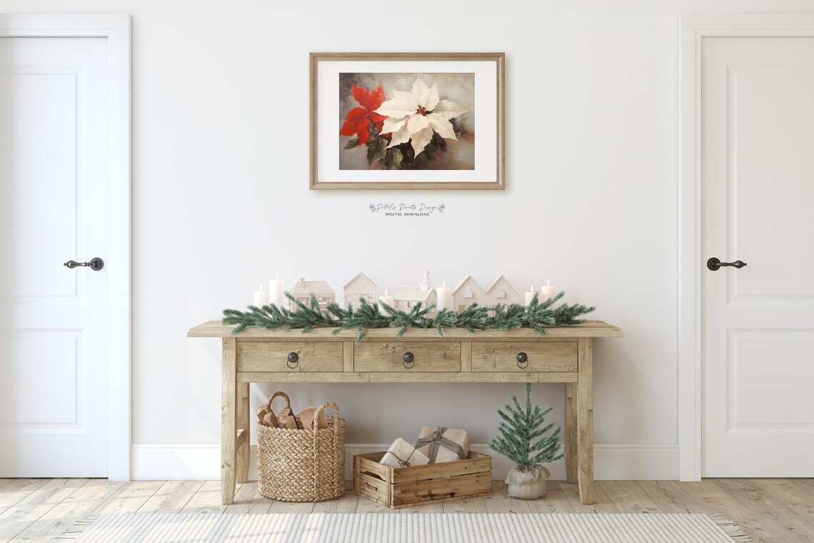Vintage Christmas Poinsettia Rustic Holiday Art Print - Image 2