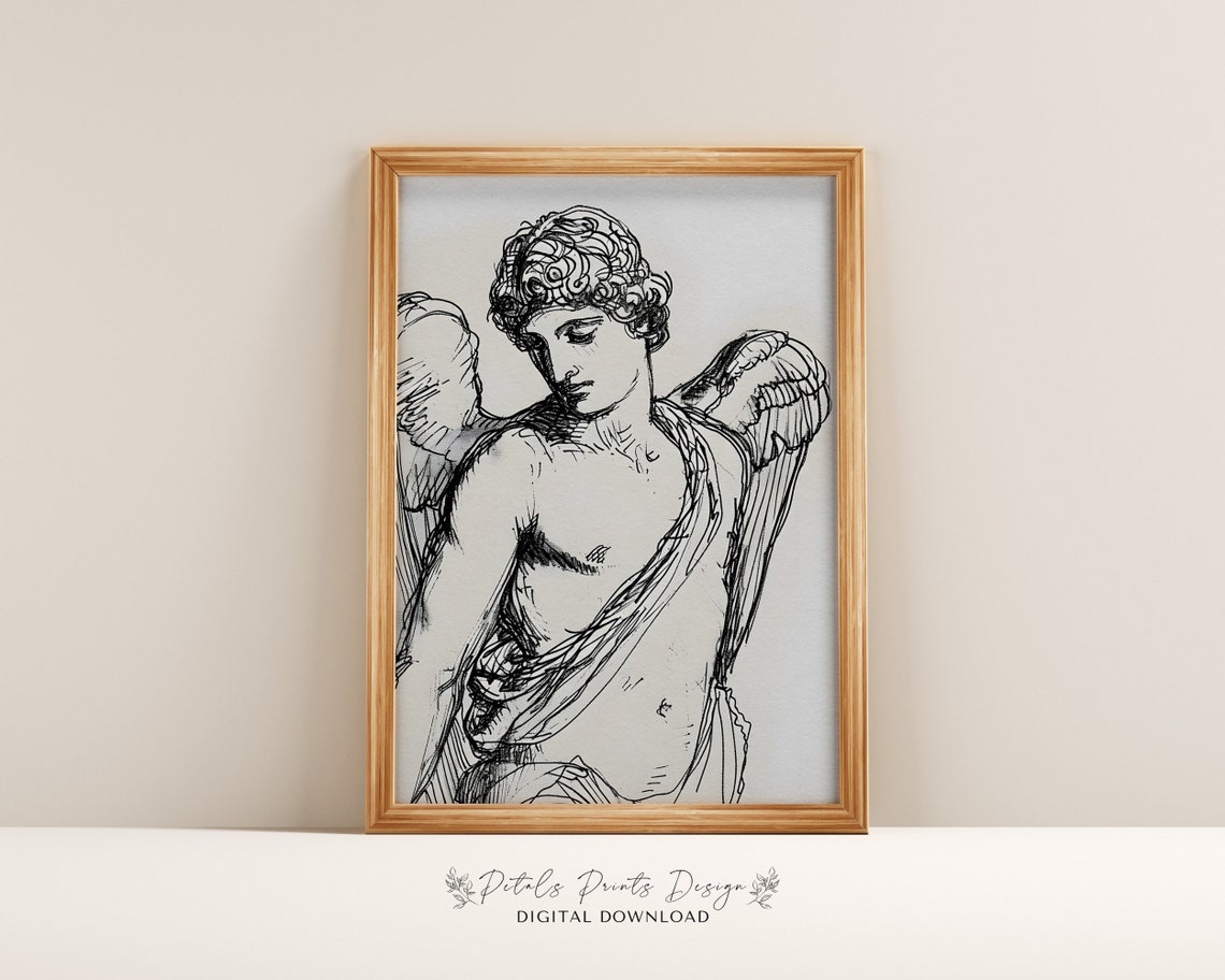 Winged Angel Line Drawing Vintage Ink Sketch Classical Poster