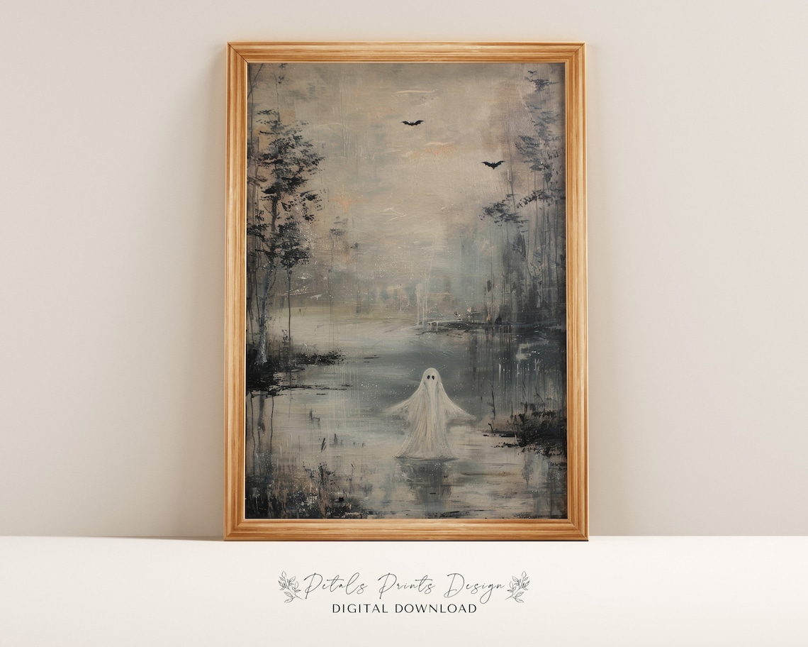 Monochrome Ghost Misty Lake Haunted Vintage Halloween Art Print