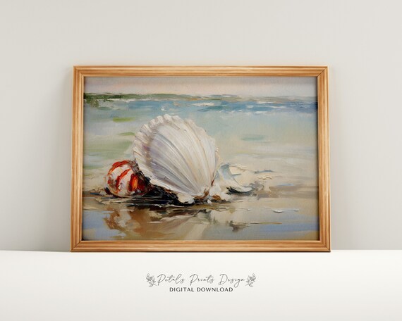 Scallop Shell on the Beach Soft Coastal Watercolor Scene Poster