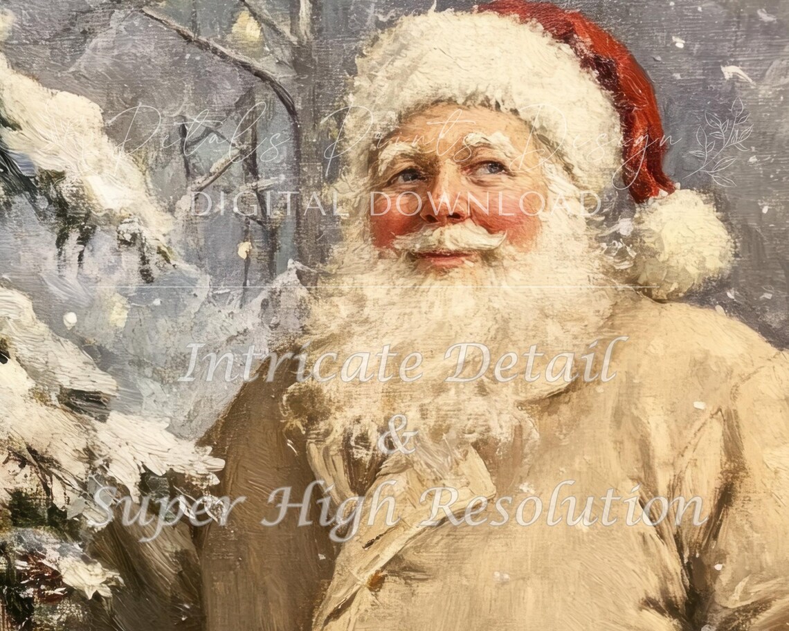 Santa Claus in Neutral Coat by Snowy Pine Rustic Vintage Art Poster - Image 3