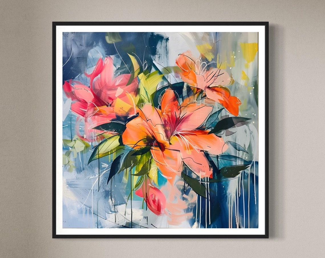 Pink Orange Lily Flowers Paint Drip Abstract Botanical Art Print
