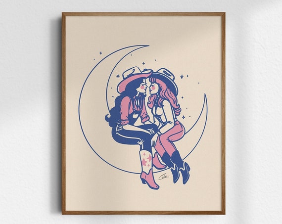 Moonstruck Cowgirl Gicle Fine Art Print Retro Vintage Wall Western Decor Unframed