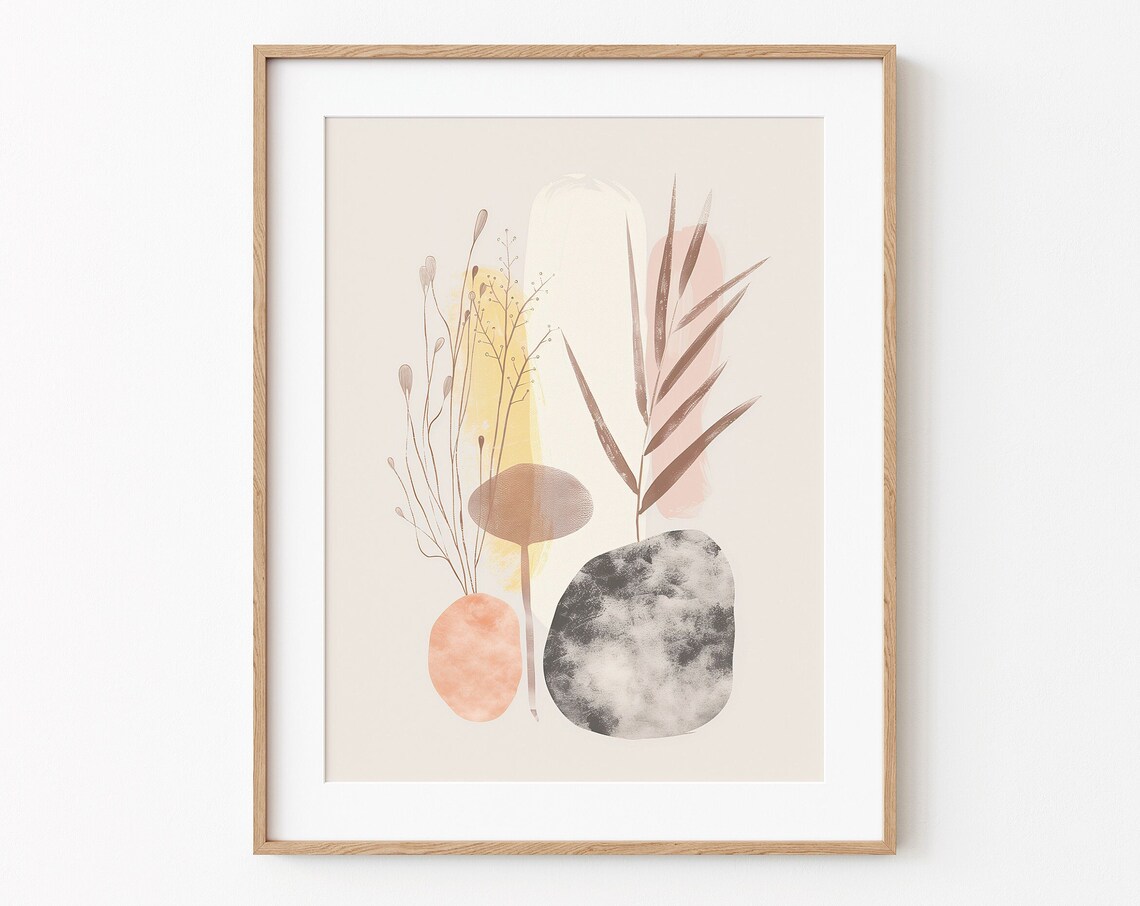 Abstract Boho Plants And Stones Neutral Botanical Illustration Poster
