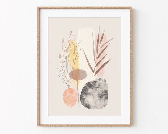 Print Plants And Stones Abstract Drawing Boho Style Poster Wall Art Nursery Decor